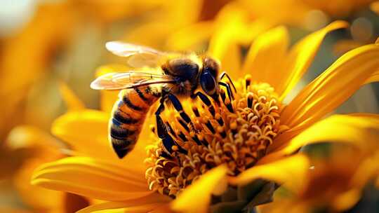 4K蜜蜂采蜜花丛阳光向日葵高清