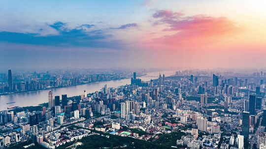 湖北武汉长江沿岸城市风景航拍延时摄影
