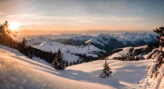 雪山云雾森林阳光树林远山峰大自然生态风景