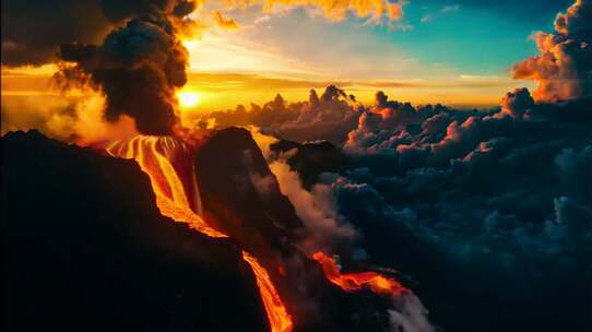 AI火山喷发火山爆发岩浆熔岩末日