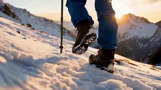 雪地中徒步者的脚步特写