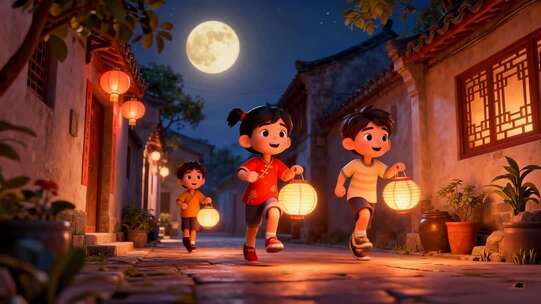 孩童提灯笼古巷月夜奔跑