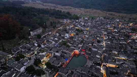 安徽黄山宏村徽派建筑群秋色日落夜景航拍