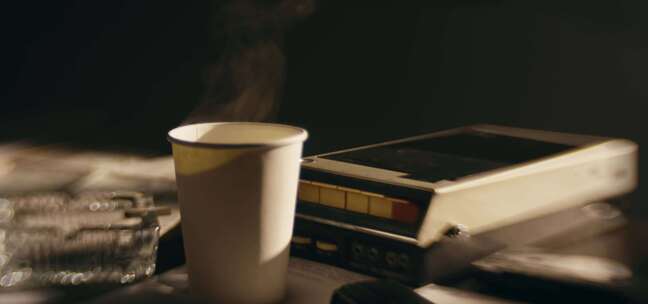 录音机、咖啡杯、蒸汽、烟灰缸