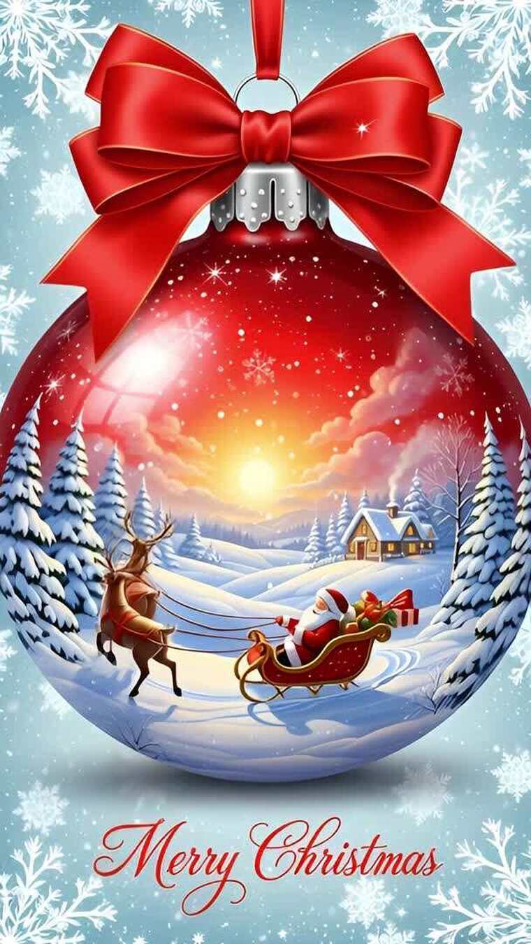 圣诞装饰球内的雪景画面