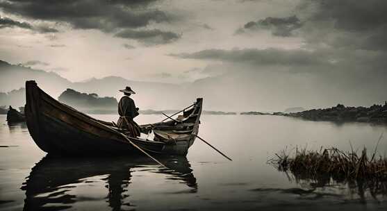 山水河流古人泛舟水墨画背景