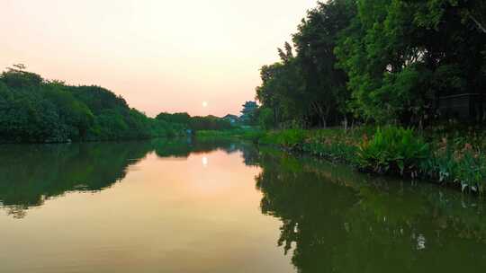 海珠湿地公园航拍广州文化馆新馆日出