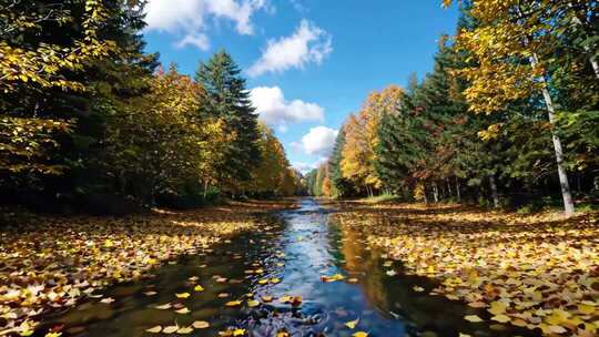 秋季森林河流自然风光