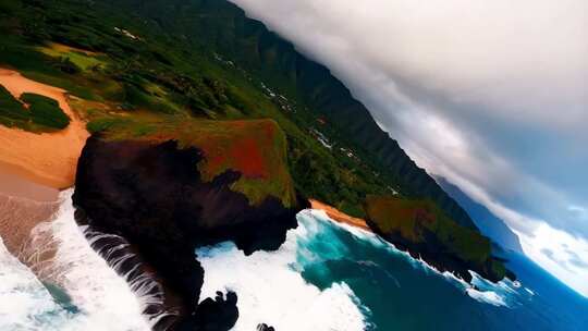 海岸边山峦与海浪航拍景象