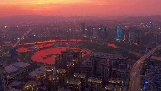 义乌金融商务区城市晚霞夜景风光航拍