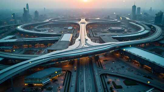 4k高空俯瞰城市交通枢纽舞台背景