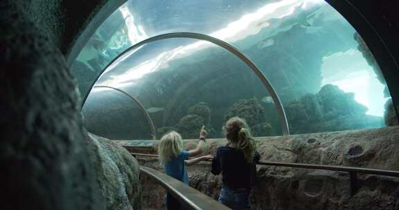 两个孩子在水族馆给鱼拍照