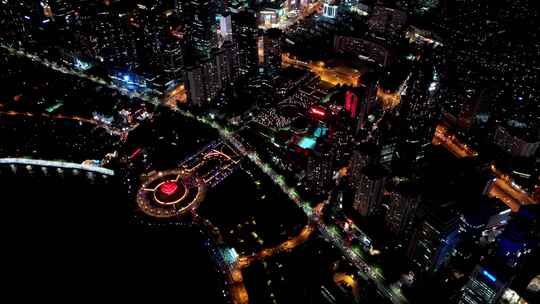 中国山东青岛城市夜景灯光秀航拍鸟瞰