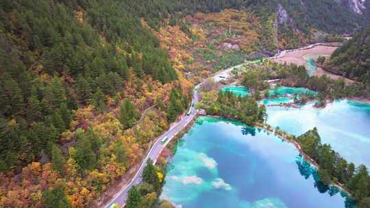 航拍九寨沟树正群海双龙海瀑布彩林钙华池