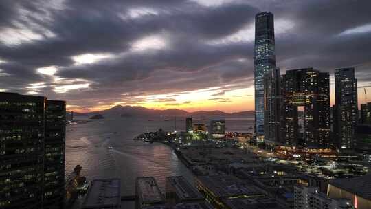 香港中港城傍晚晚霞航拍