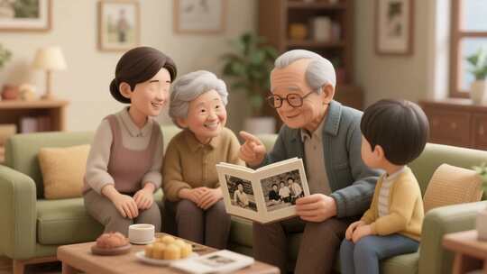 家庭温馨时刻老人孩子看相册