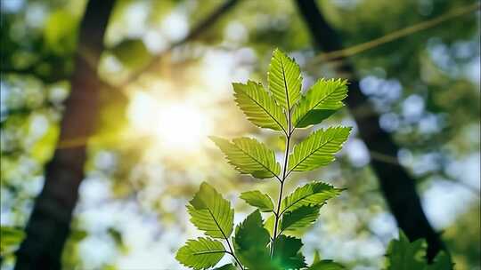 夏天清晨蓝天白云树林阳光树叶唯美花朵草地