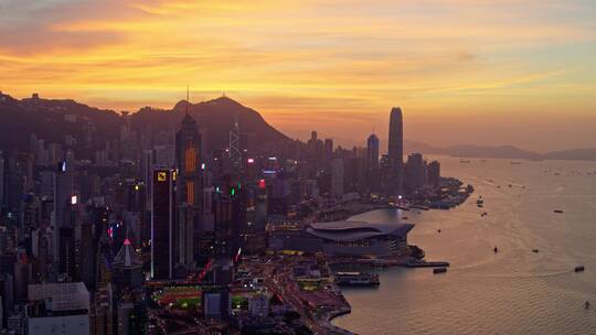 香港航拍港岛高楼大厦大景黄昏晚霞