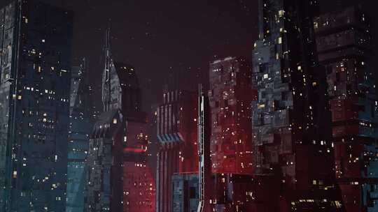 未来派，反乌托邦科幻城市在夜间建立镜头