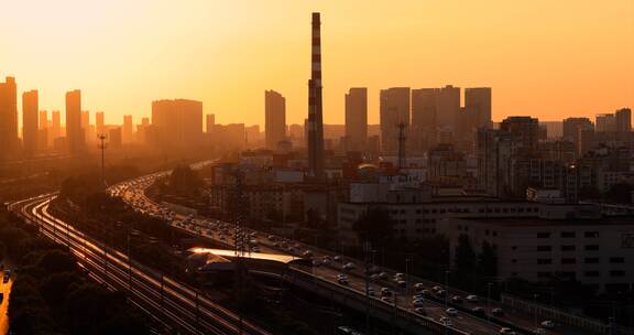 城市黄昏车流交通 夕阳日落火车铁路输运