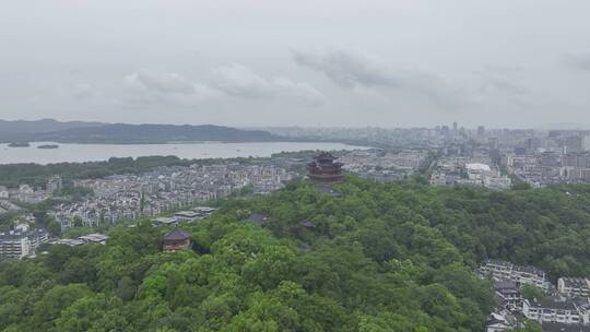 航拍中国浙江杭州西湖雨天城隍阁