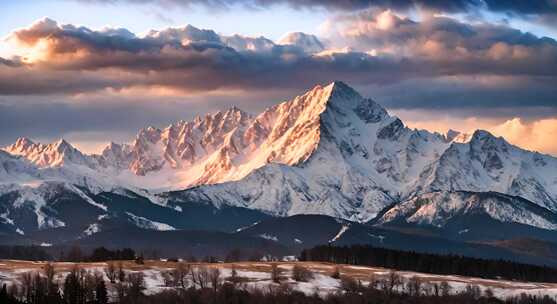 雪山云雾森林阳光树林远山峰大自然生态风景