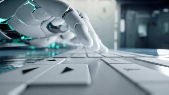 科技在进步机器人在键盘上打字特写人工智能