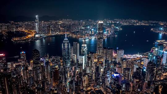 香港中环维多利亚港夜景航拍视频素材模板下载