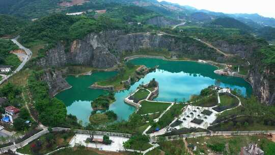 航拍重庆渝北矿山公园湖水自然风景