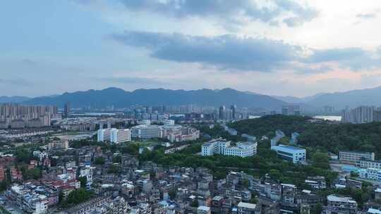 航拍福州城市晚霞落日美景