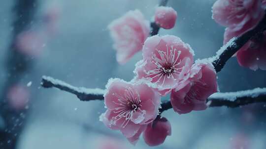 冬天树枝花朵冬季雪景飘雪寒梅