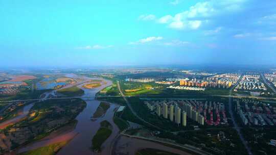 黄河平原航拍-生态建设大桥河流湿地城市视频素材模板下载
