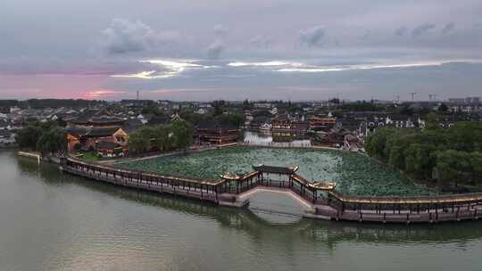 江南水乡古镇锦溪夕照夜景（航拍素材）