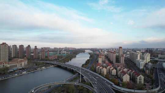 天津海河复兴门地铁站海津大桥城市交通风光