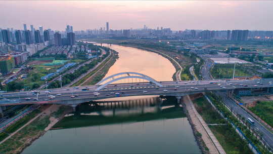 湖南长沙浏阳河夕阳景点航拍延时摄影