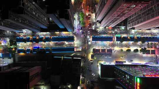 俯拍城市夜景步行街地摊经济夜市摊