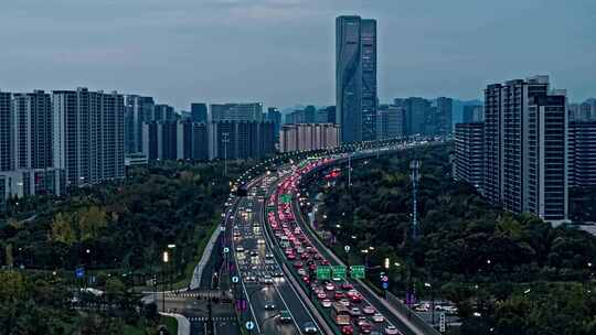 杭州夜景城市车流机场大道4k航拍