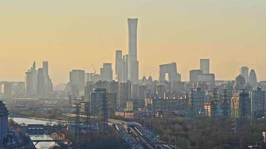 夕阳下北京国贸CBD城市天际线傍晚全景