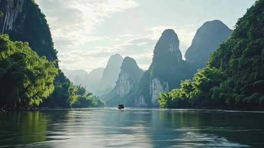 夏天桂林漓江水面上的游船与山川风景