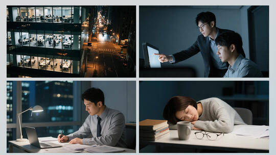 深夜办公室加班的职场人加班熬夜通宵工作