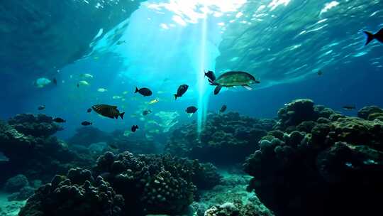 4k阳光透过海面大海里的鱼群海洋生物