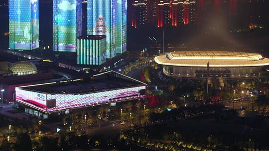 航拍武汉军运会体育中心夜景