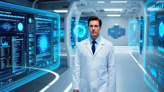 科研人员身处科技感实验室