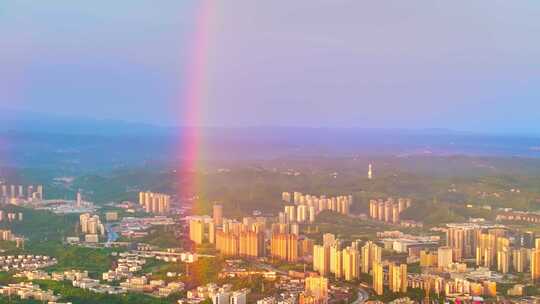 航拍城市雨后彩虹