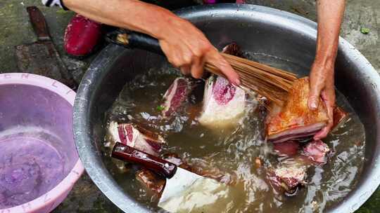 农村洗切加工猪肉腊肉视频素材模板下载