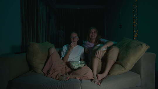 缩小两个女孩坐在家里舒适的沙发上看电视