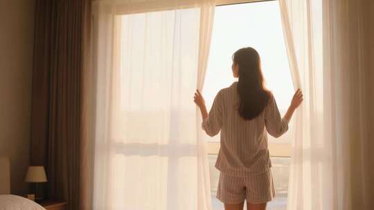 女子卧室拉开窗帘迎阳光