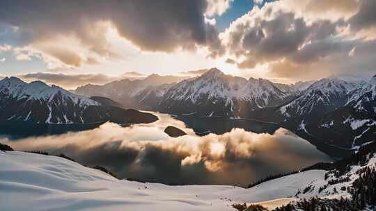 雪山湖泊自然风光全景