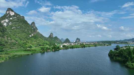 低空航拍广西河池龙江山光水色风景如画
