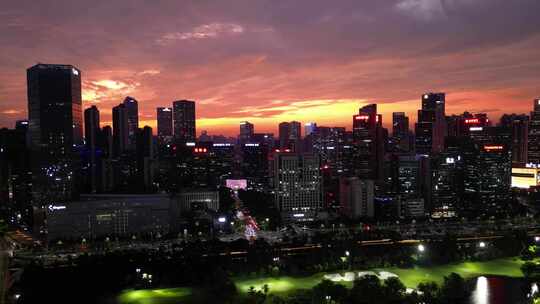 深圳南山区科技园航拍晚霞夜景